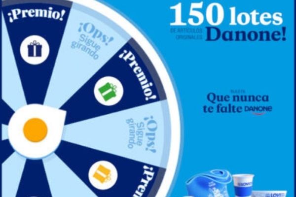 Danone regala 150 lotes de sus productos. Juega a un divertido juego de ruleta y consigue uno de los 150 lotes de productos Danone.